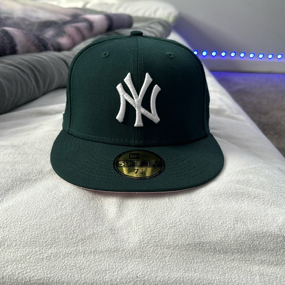 Dark Green fitted hat Pink brim 7 1/4
